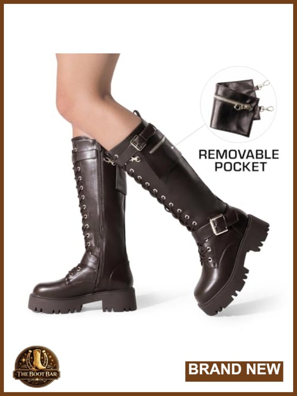 Knee High Platform Combat Boots Faux Leather Lace Up - Picture 5 of 6